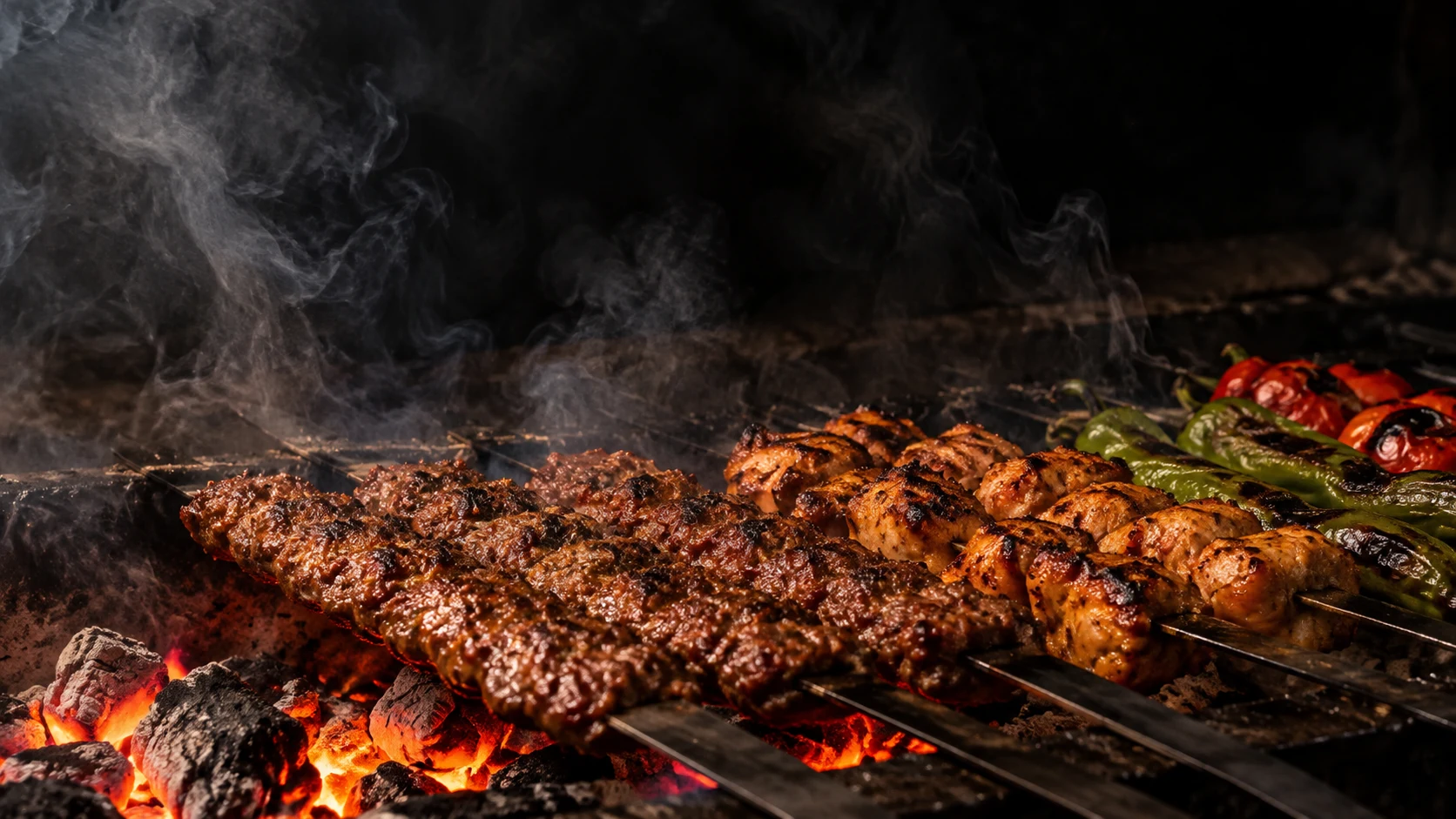 Kolgrill med grillspett och glöd – tillfällig illustrativ bild